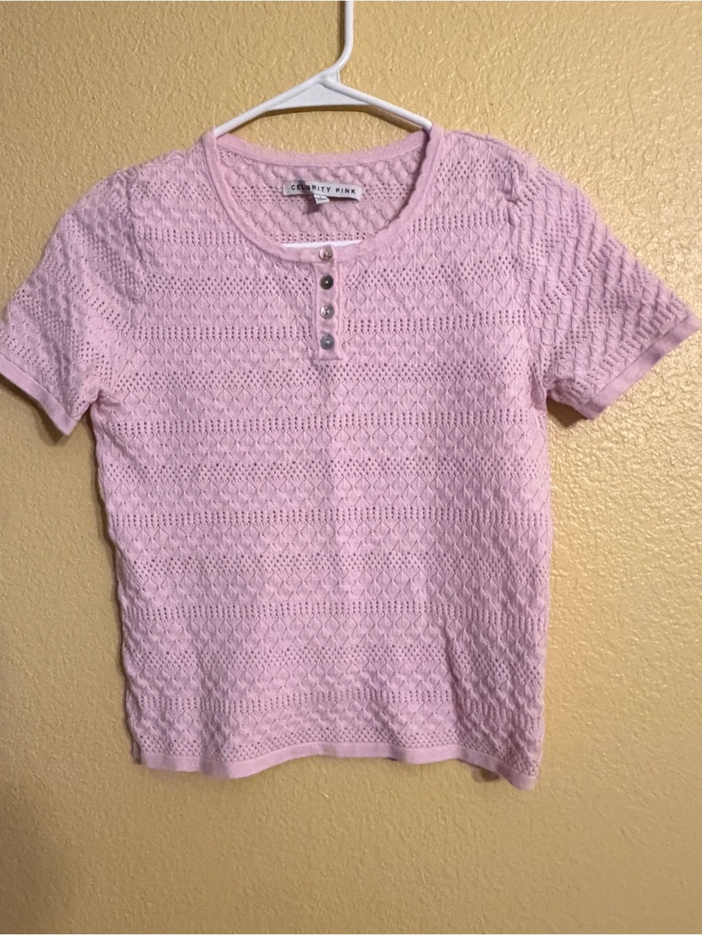 Celebrity Pink Pointelle Henley Tee in Pale Pink